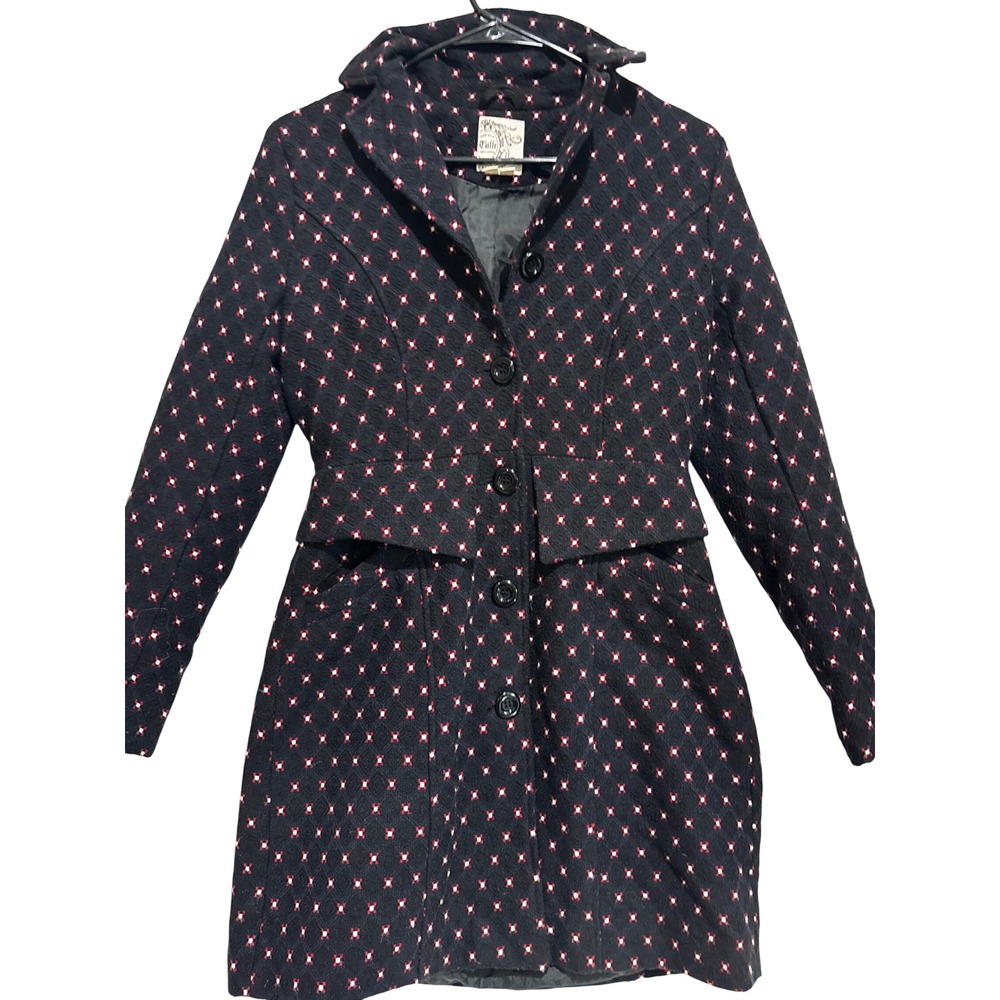 Tulle Womens XS Navy & Red Geometric Pattern Pea Coat Jacket academic vtg style